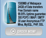 $29.95 / Month (no setup fee) 1500MB of Webspace, 24GB of Data transfers